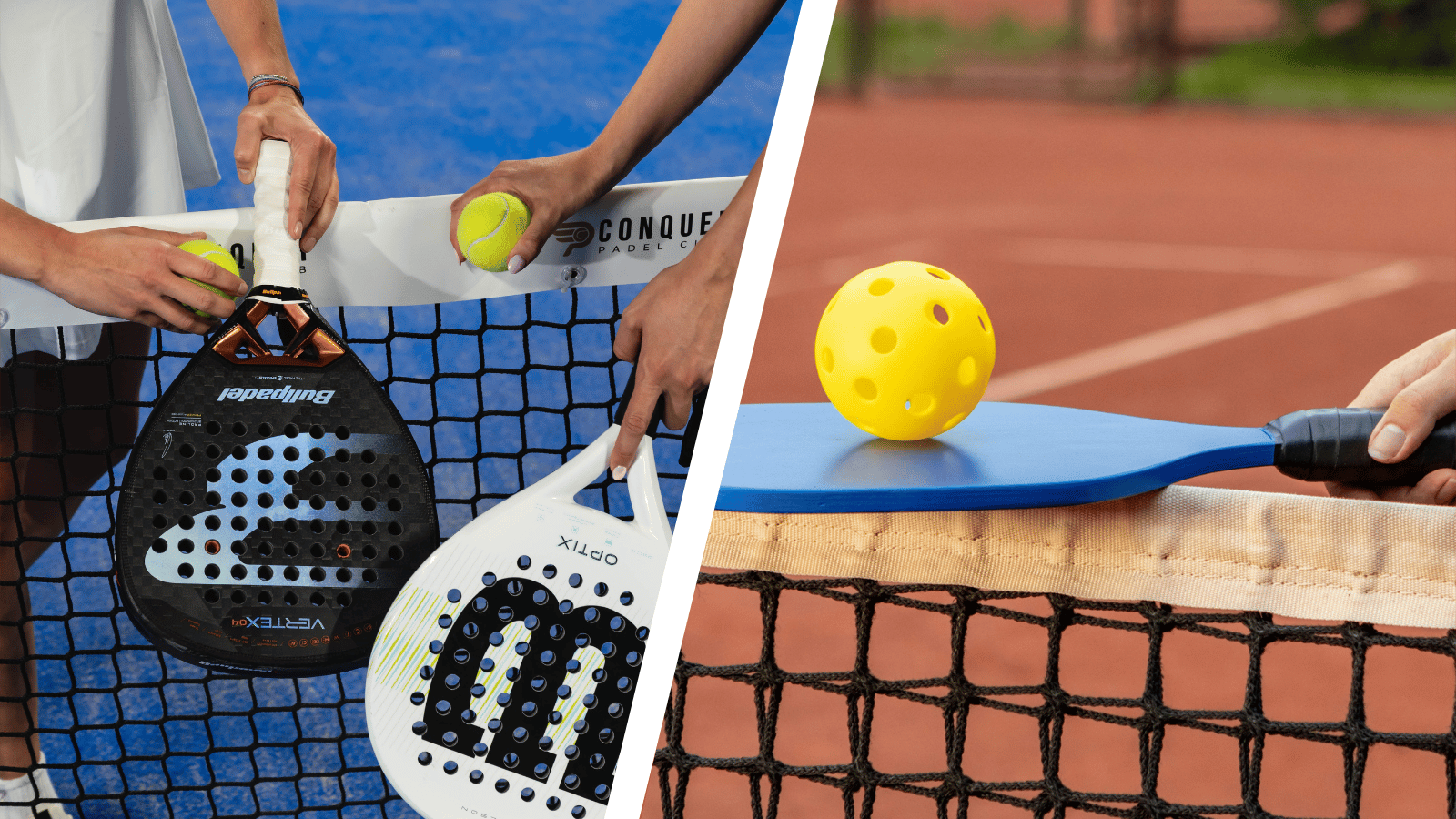 Split image of padel and pickleball paddles at the net, highlighting key differences between the two sports.