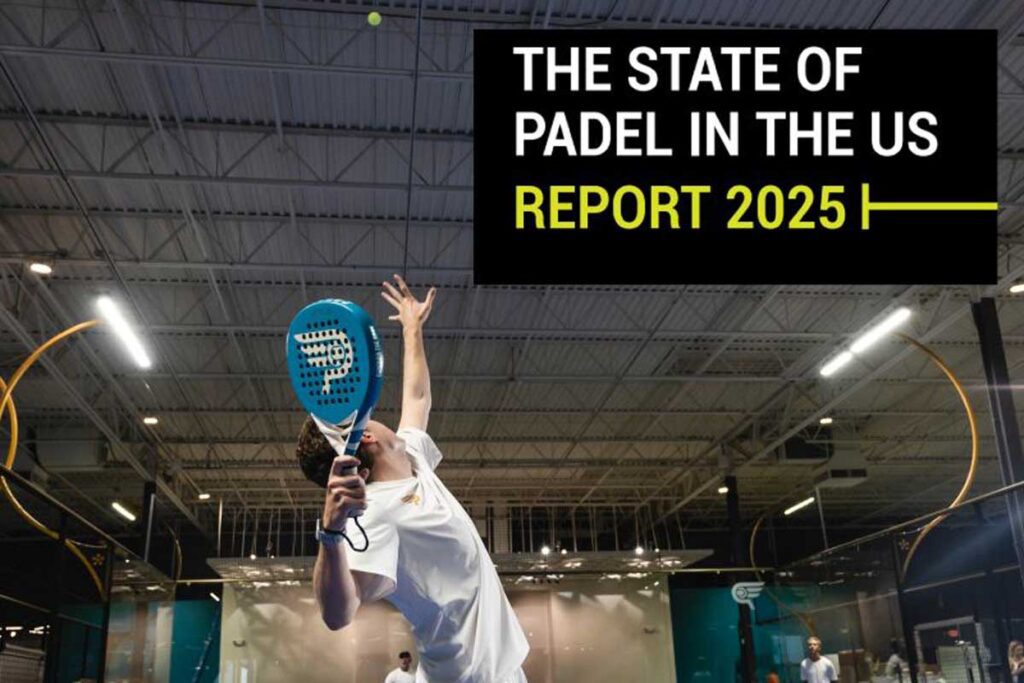 Padel player serving indoors at Conquer Padel club promoting the State of Padel in the U.S. Report 2025
